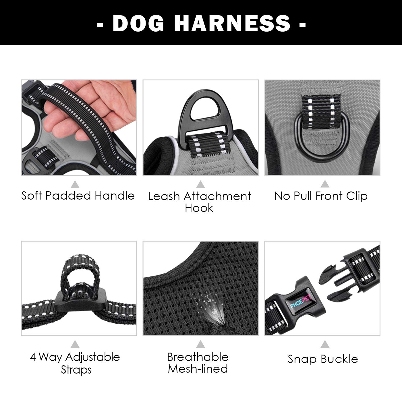 PHOEPET No Pull Harness grey reflective fabric for visibility at night.