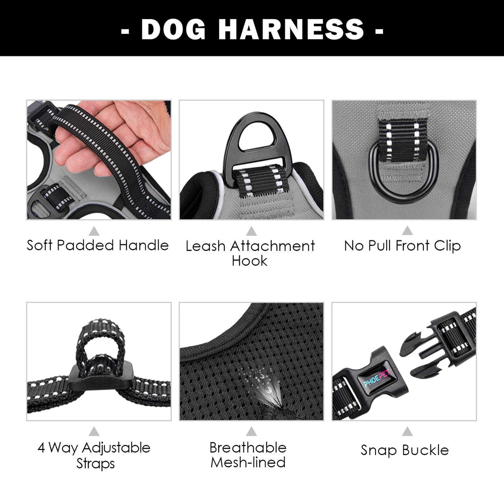 PHOEPET No Pull Harness grey reflective fabric for visibility at night.