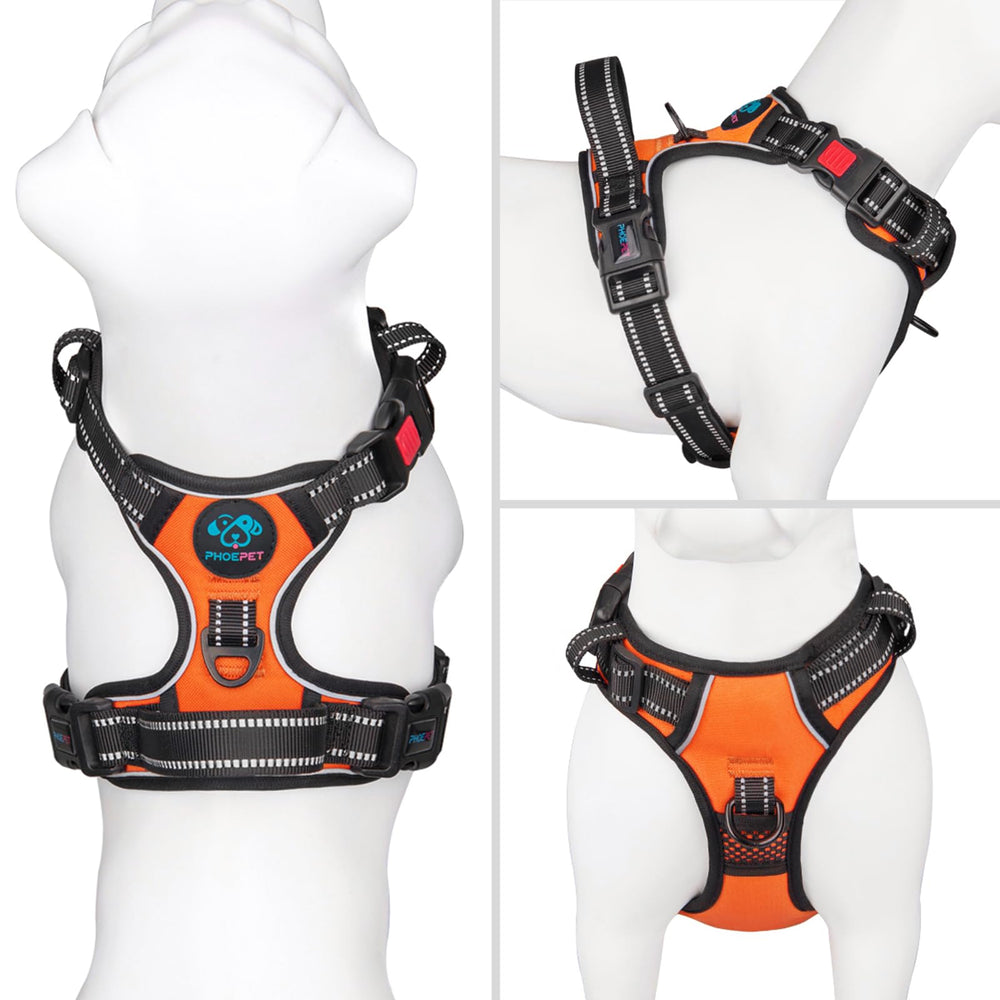 PHOEPET Reflective Dog Harness back handle orange for closer control.