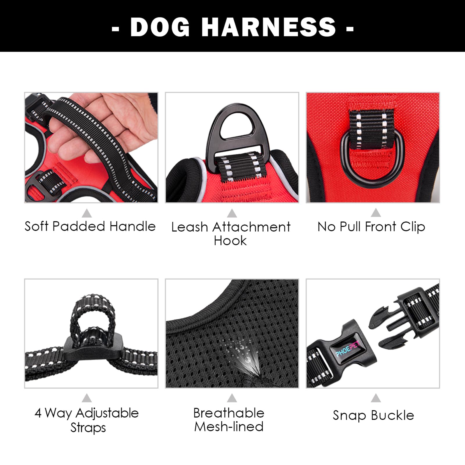 PHOEPET no-head-entry design makes harnessing easier for large breeds.
