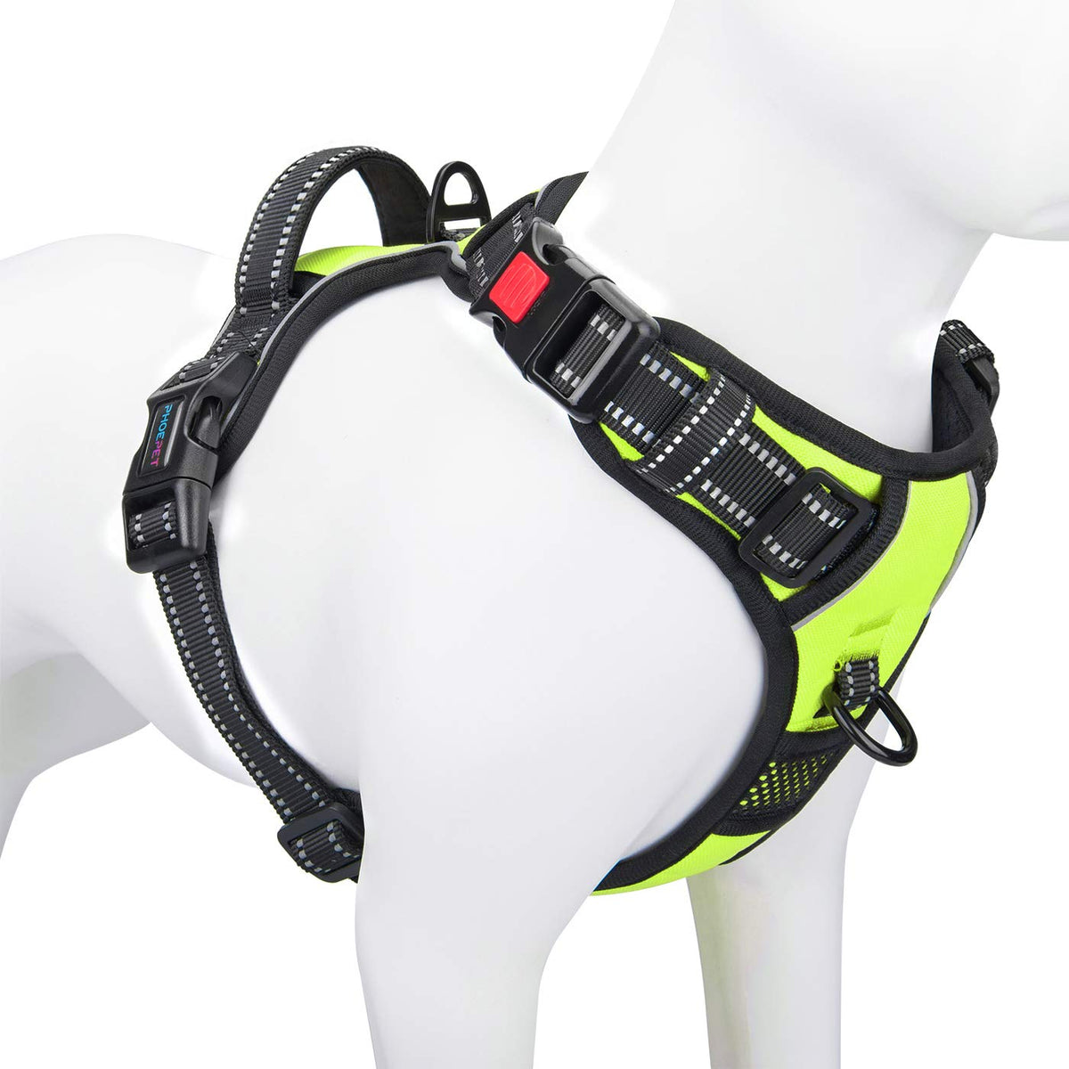 PHOEPET reflective harness front view with dual rings for secure control.
