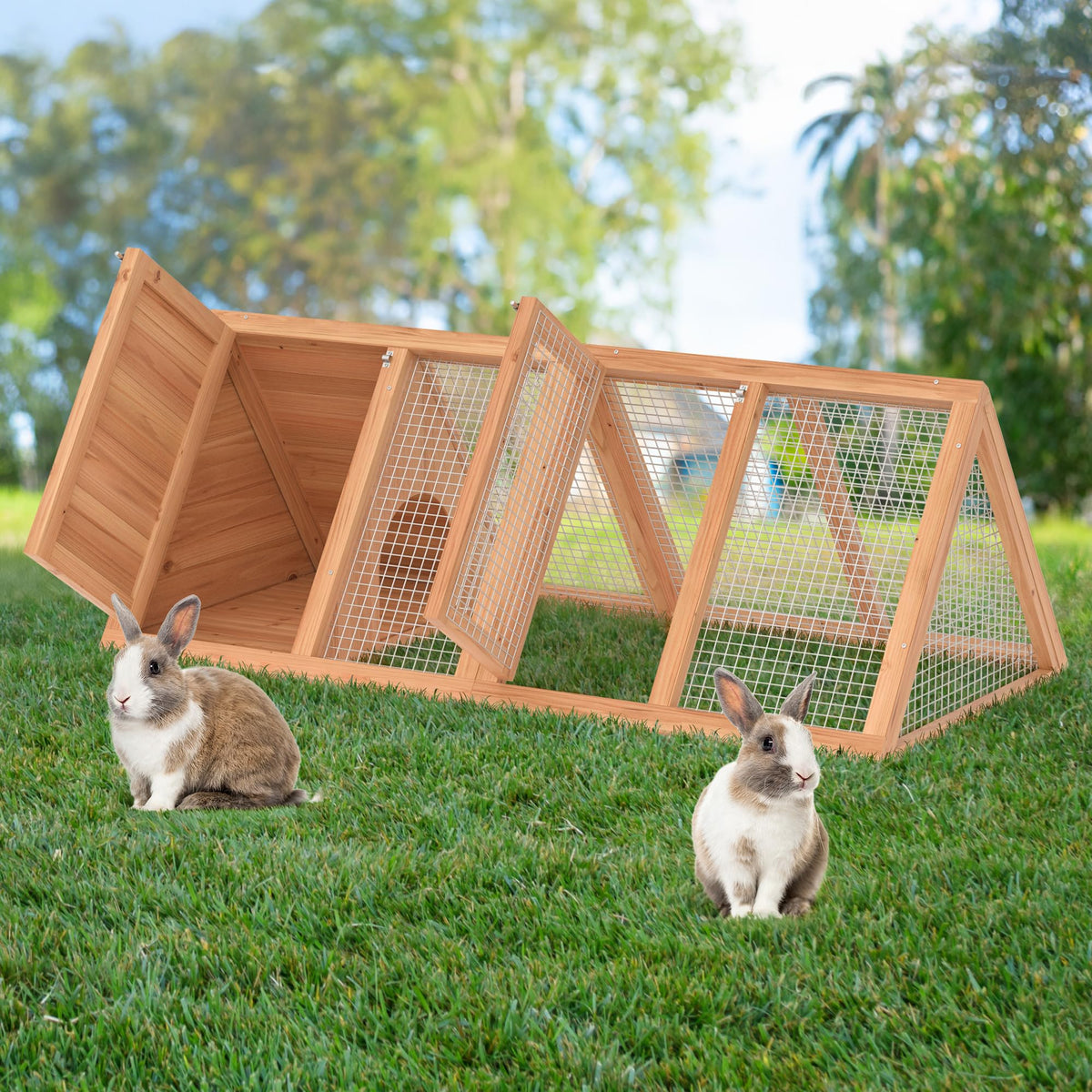 Phonjoroo Rabbit Hutch exterior with triangle roof for weather protection