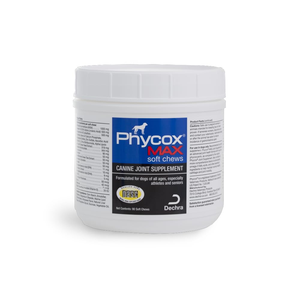 Phycox MAX dog joint soft chews bottle label highlights advanced joint support.
