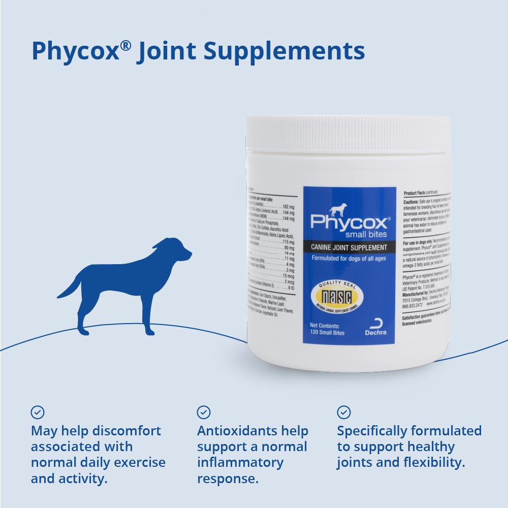 PhyCox omega-3 rich formula label, supports healthy skin and coat shine.