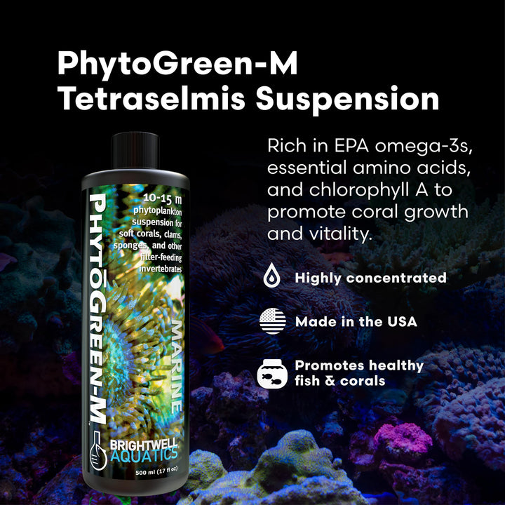 PhytōGreen-M marine phytoplankton pour demonstrates easy dosing for reef tanks.