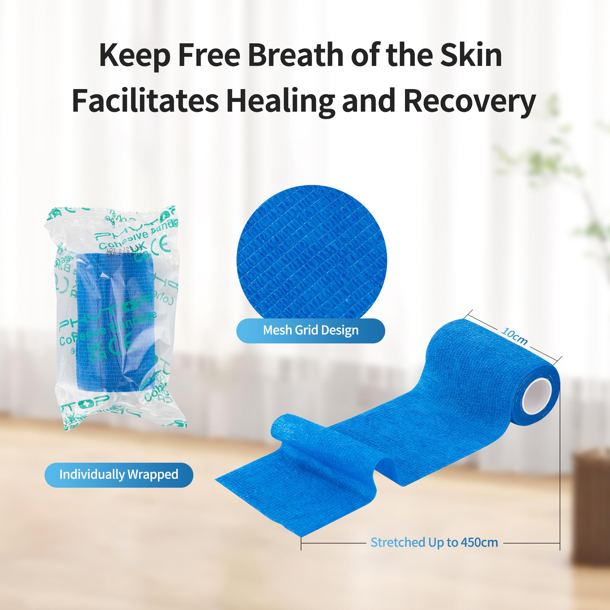 PHYTOP self-adherent wrap on wrist illustrates secure support without clips