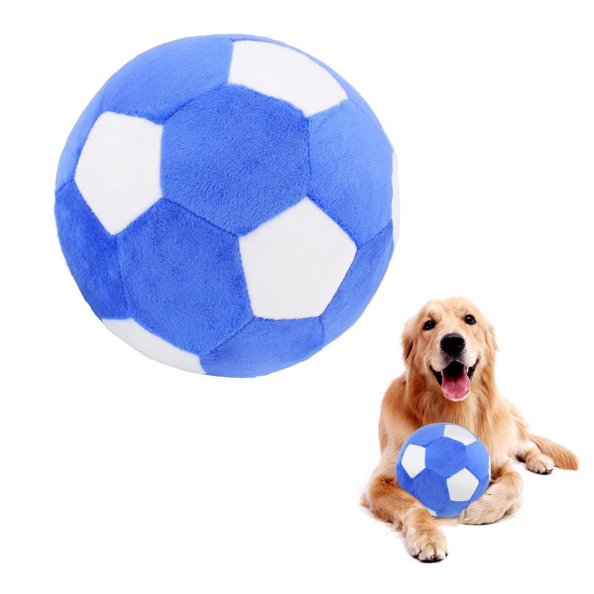 PIANG GOUER blue-white plush soccer ball for engaging playtime with medium and large dogs.