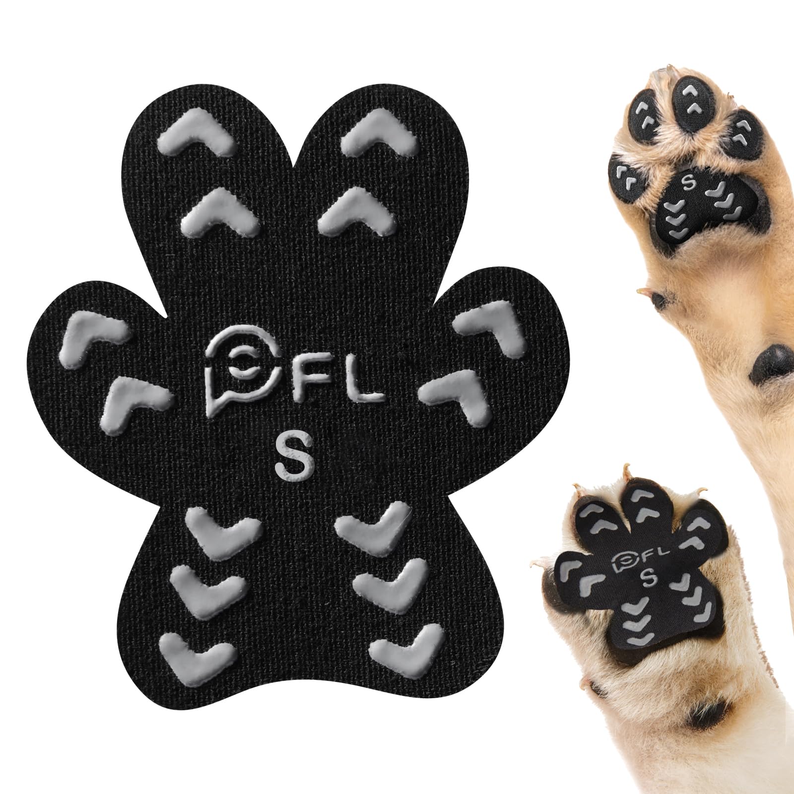 PICK FOR LIFE anti-slip paw pads applied to a dog's paw for better traction on slick floors.
