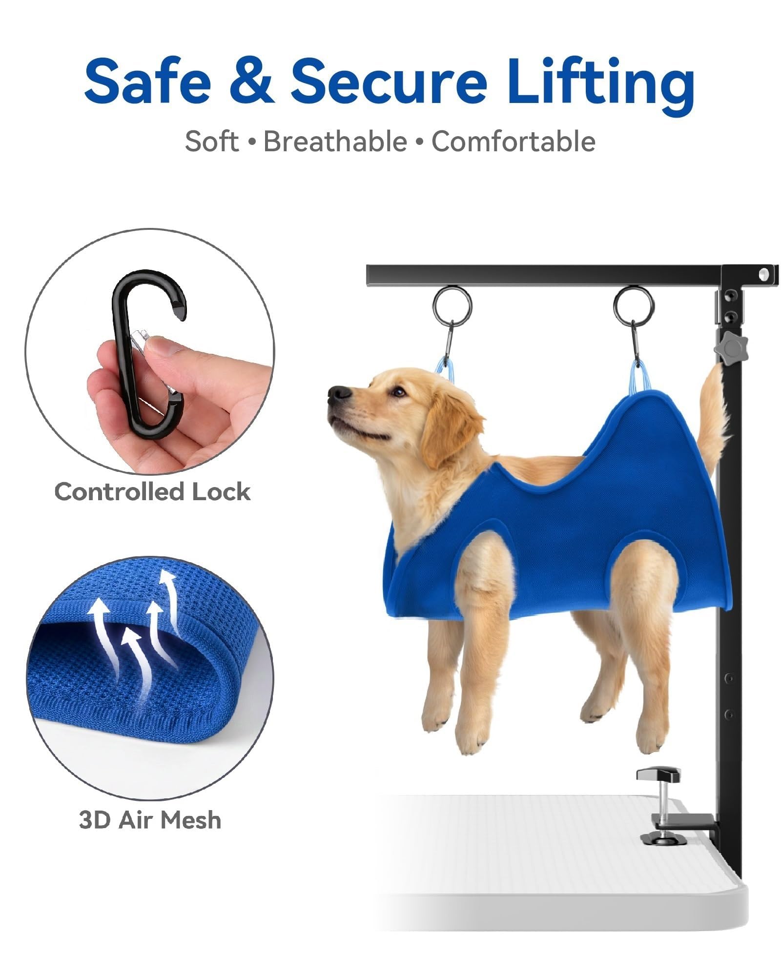 Pickpiff safety hammock on the grooming arm for comfortable nail trimming.