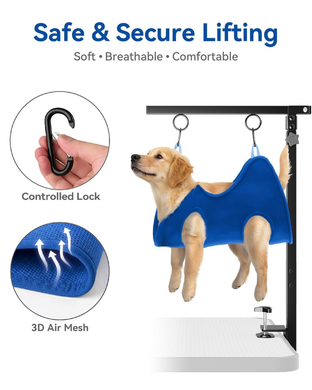 Pickpiff safety hammock on the grooming arm for comfortable nail trimming.