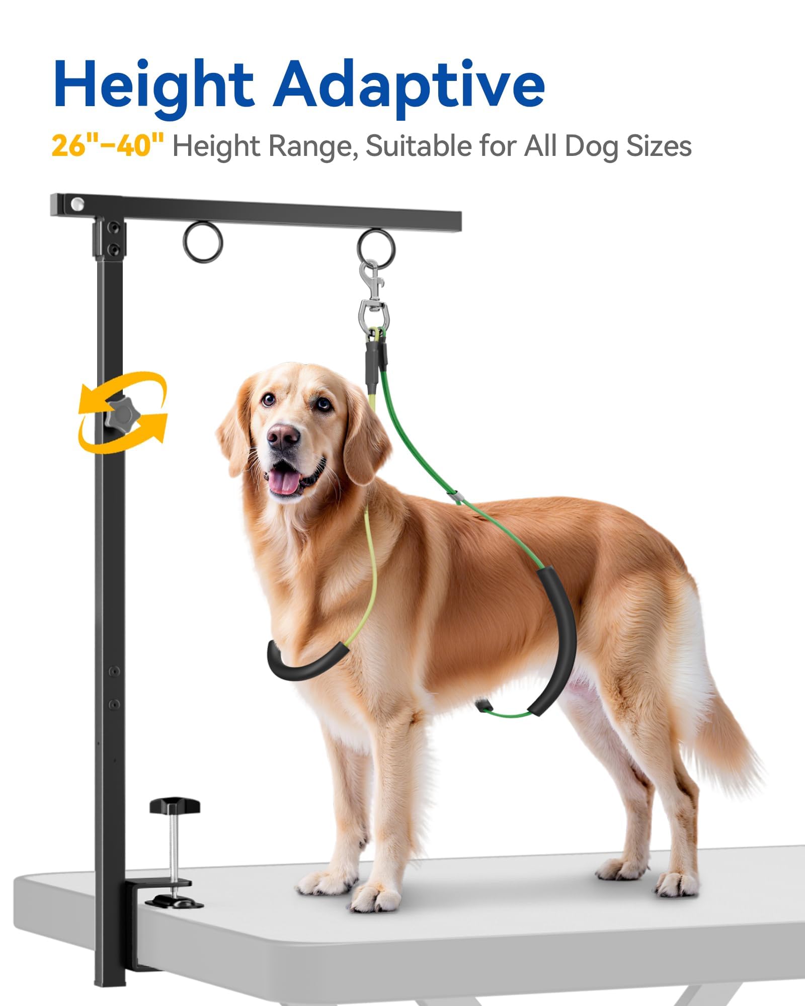 Pickpiff grooming arm height 26 to 40 inches supports ergonomic grooming for small and medium dogs.