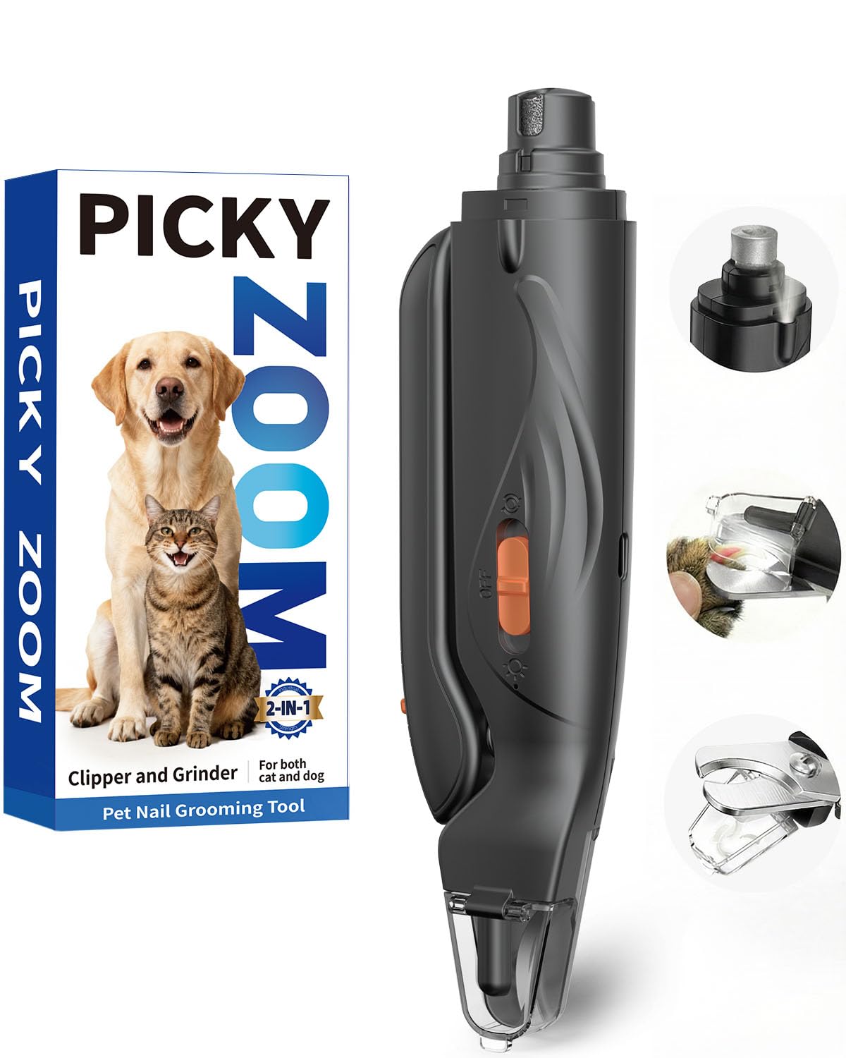 Picky Zoom 2-in-1 nail clippers and grinder shown for precise trimming.