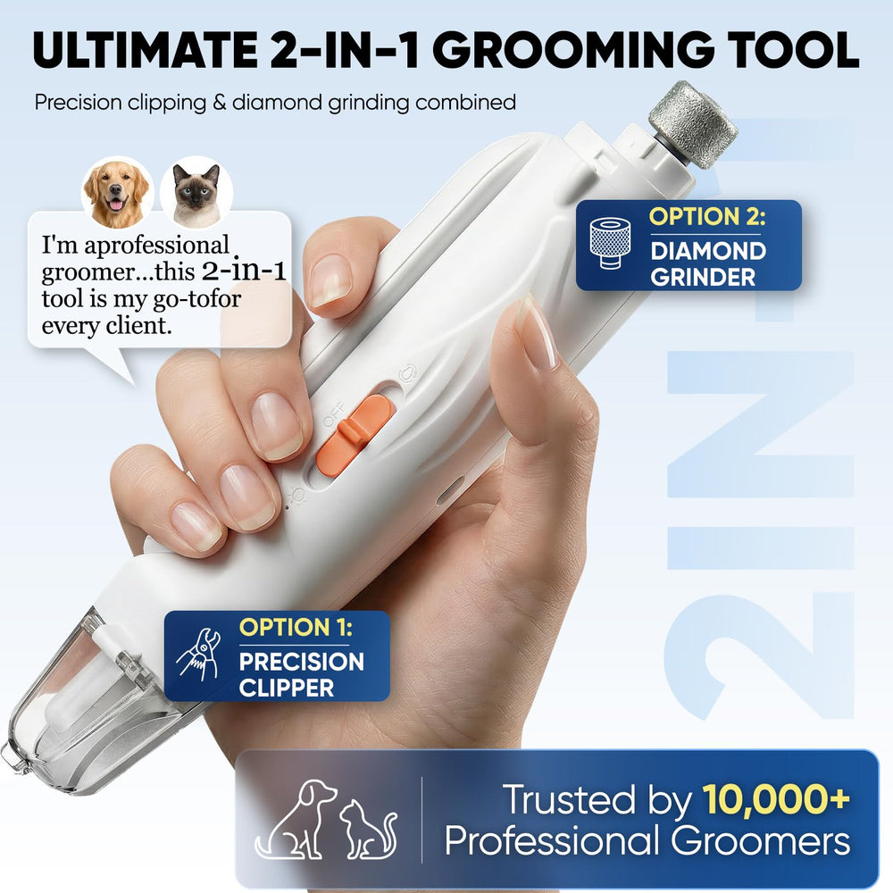Picky Zoom dog nail grinder with quiet motor reduces stress during grooming.