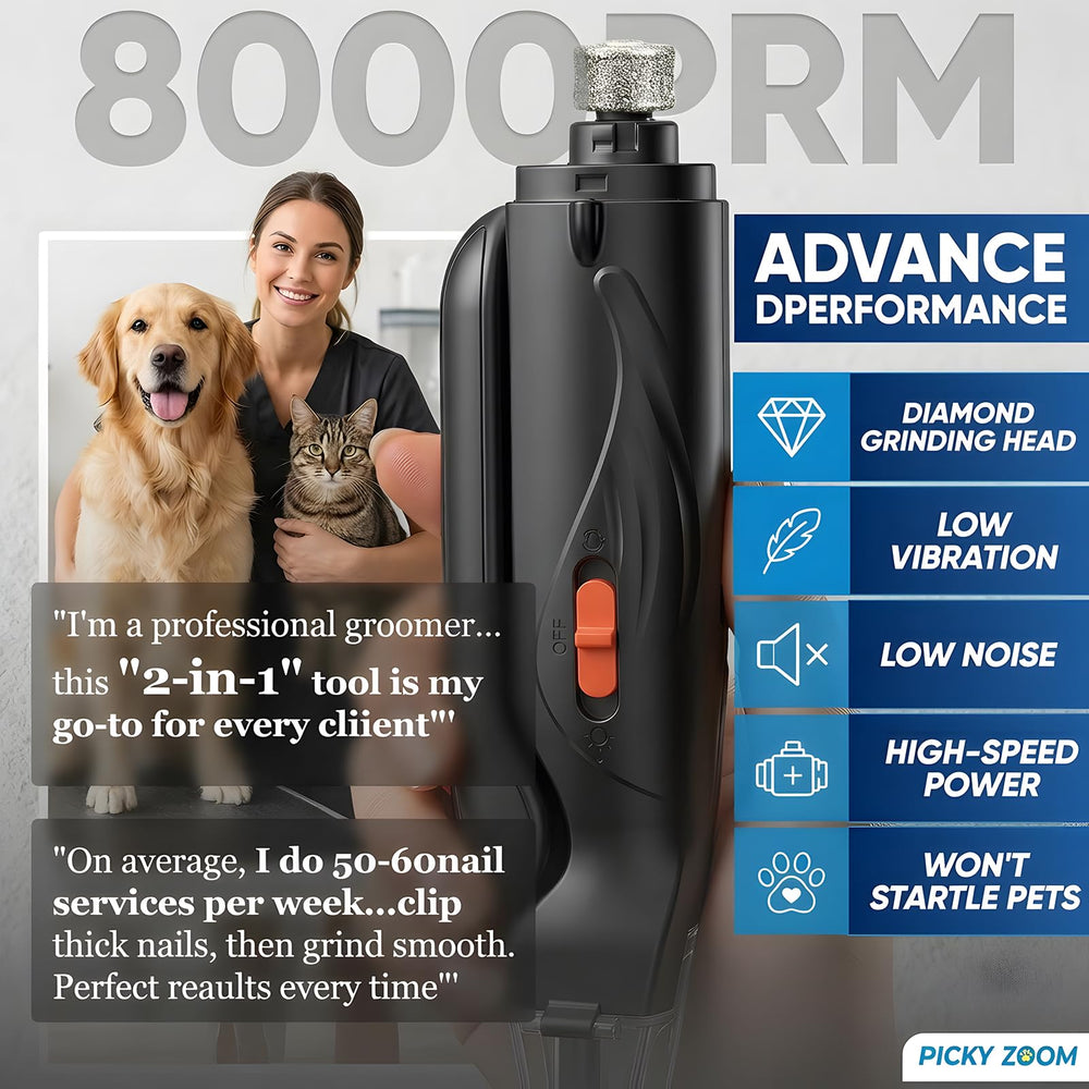Picky Zoom quiet dog nail grinder in use to reduce stress.