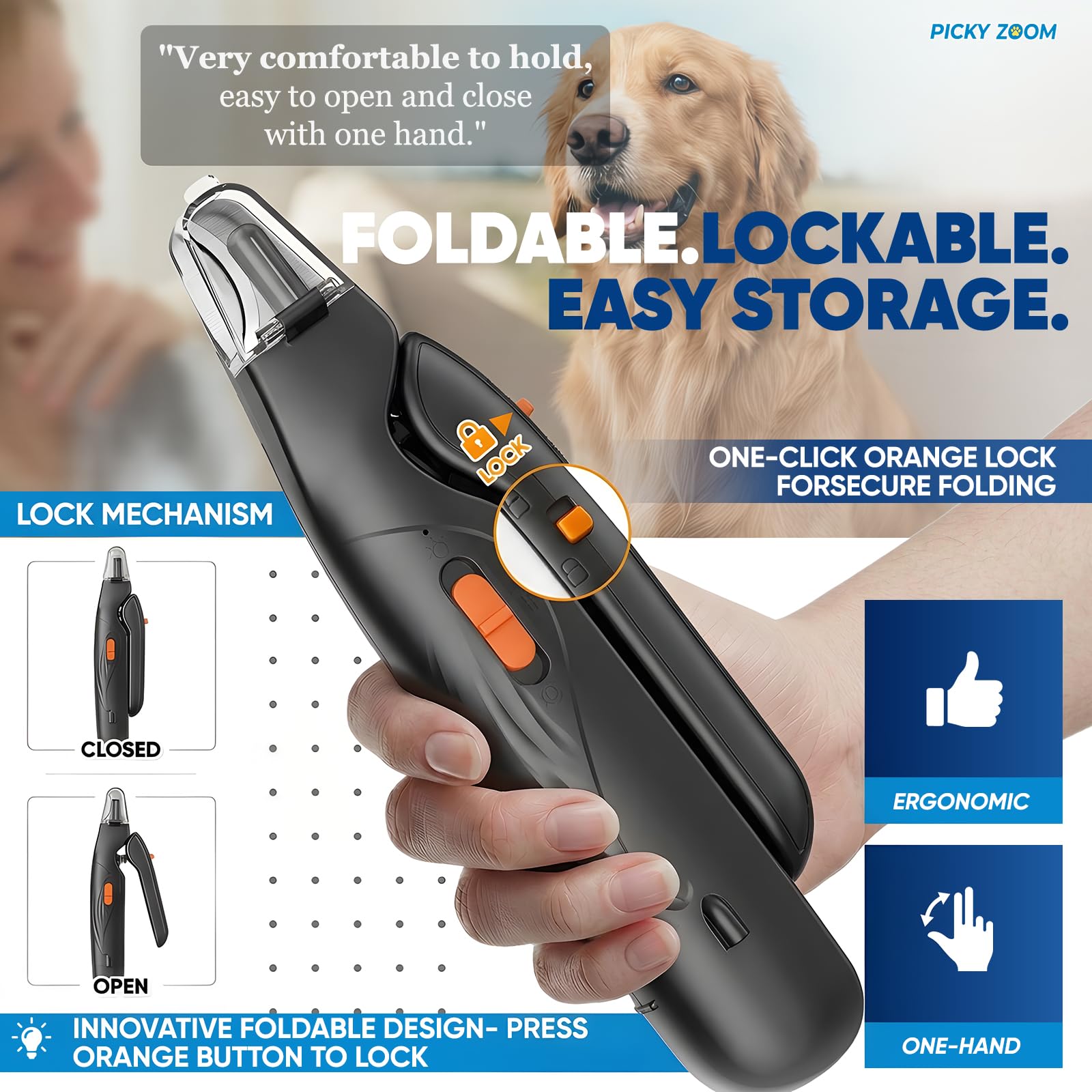 Picky Zoom safety guard shown preventing over-cutting on nails.