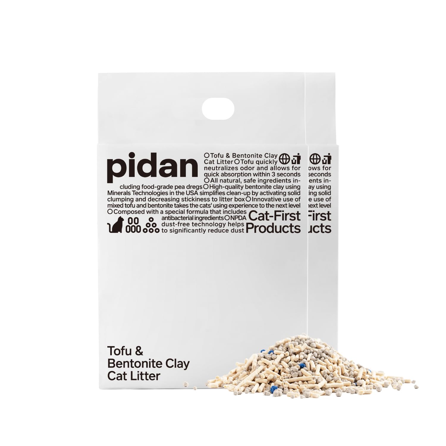 Pidan Mix Cat Litter packaging showing odor control and two-bag setup.