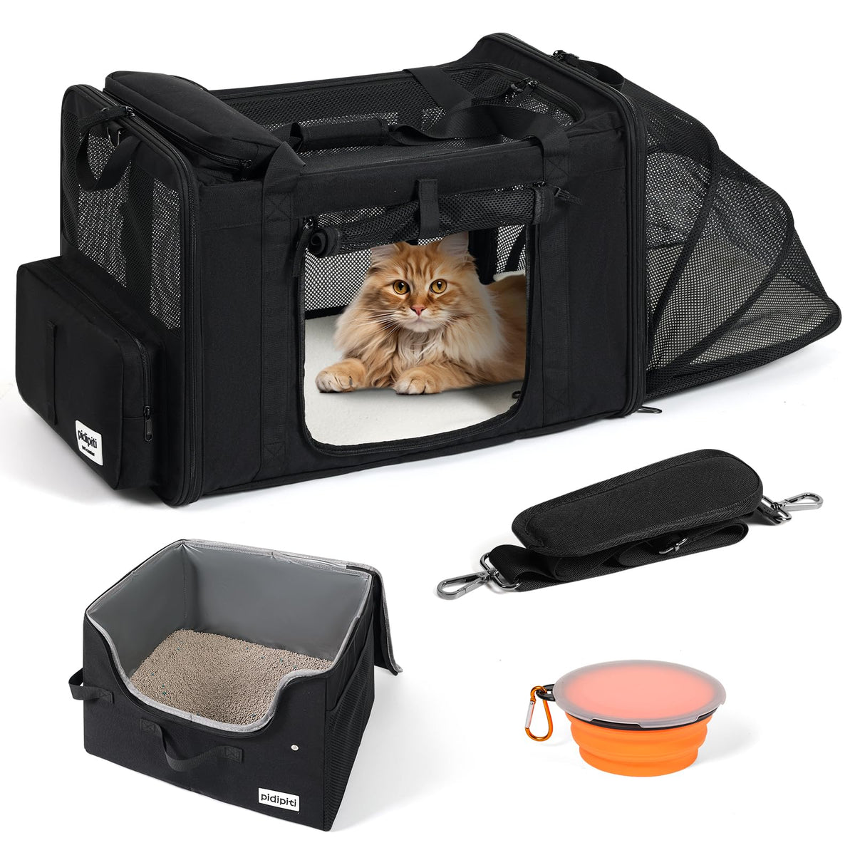 Pidipiti expandable cat carrier side view with extra room for movement.