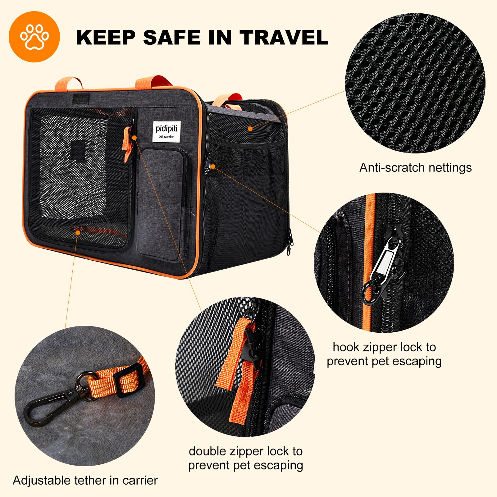 Pidipiti adjustable tether and seat belt option enhance in-car security.