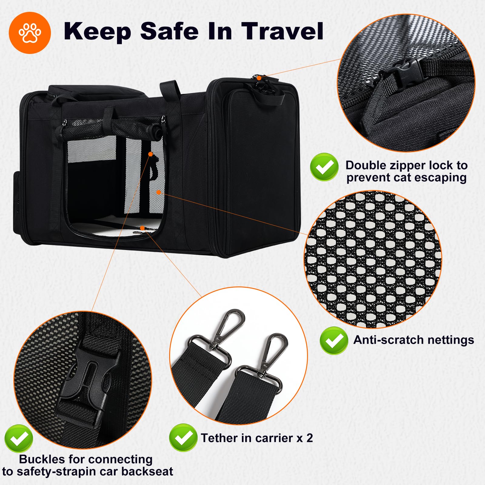 Pidipiti wide storage pockets hold pet supplies for trips.