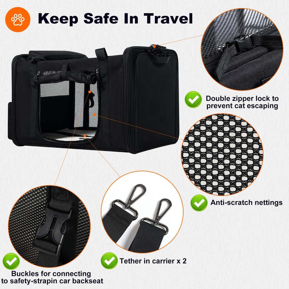 Pidipiti wide storage pockets hold pet supplies for trips.