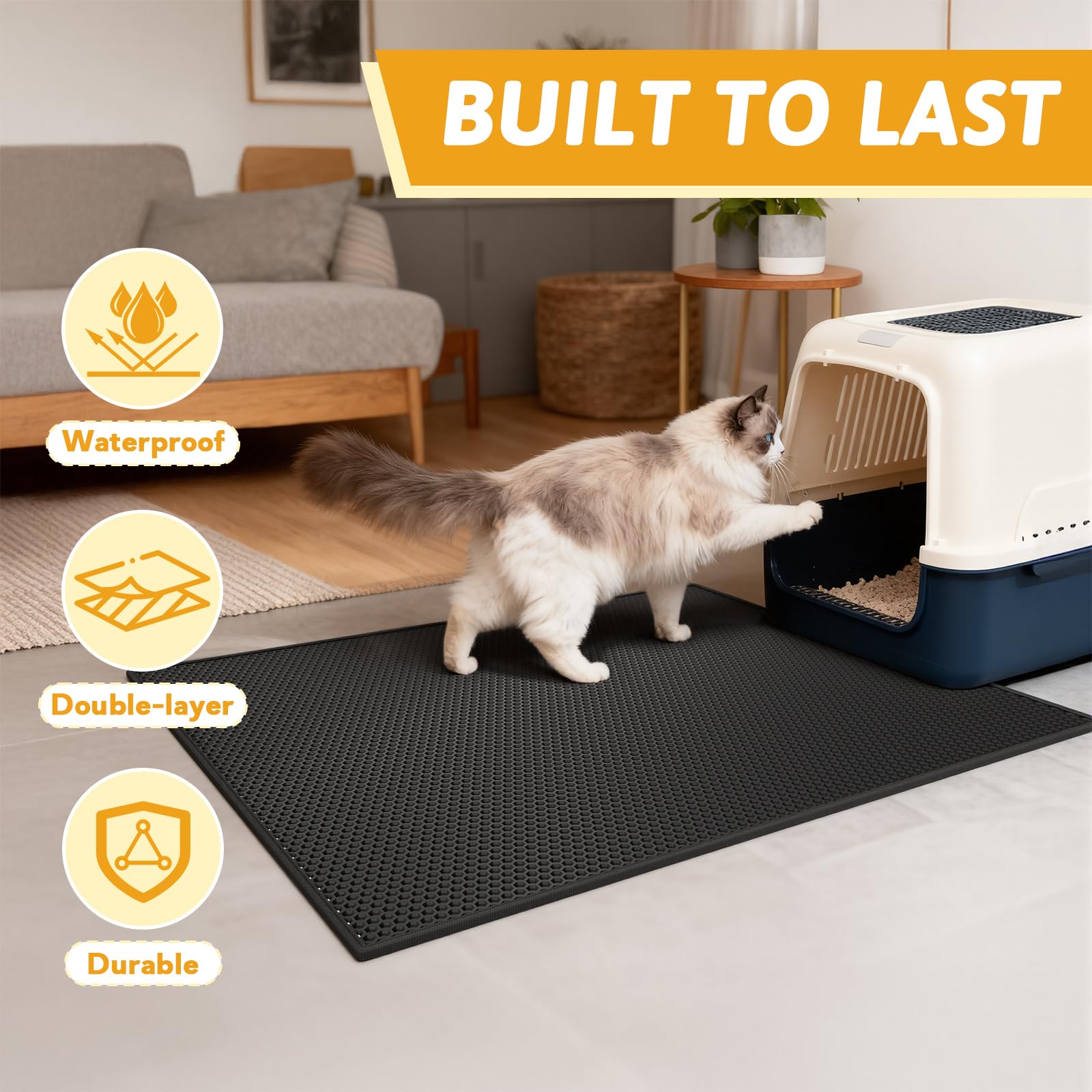 Pieviev mat works with hooded and self-cleaning litter boxes.