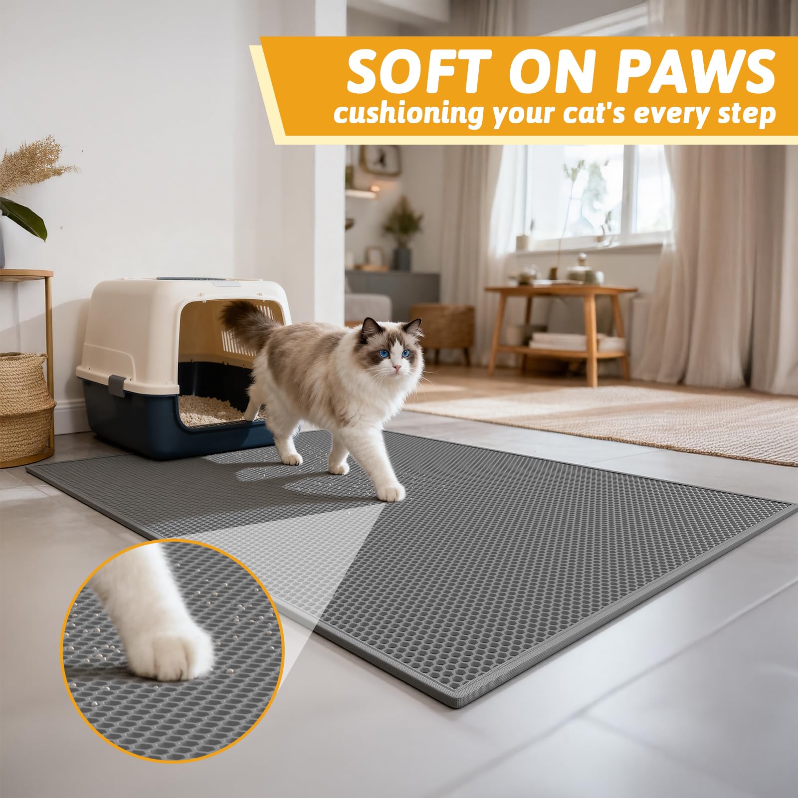 Pieviev soft paws design comforts cats while catching litter efficiently.