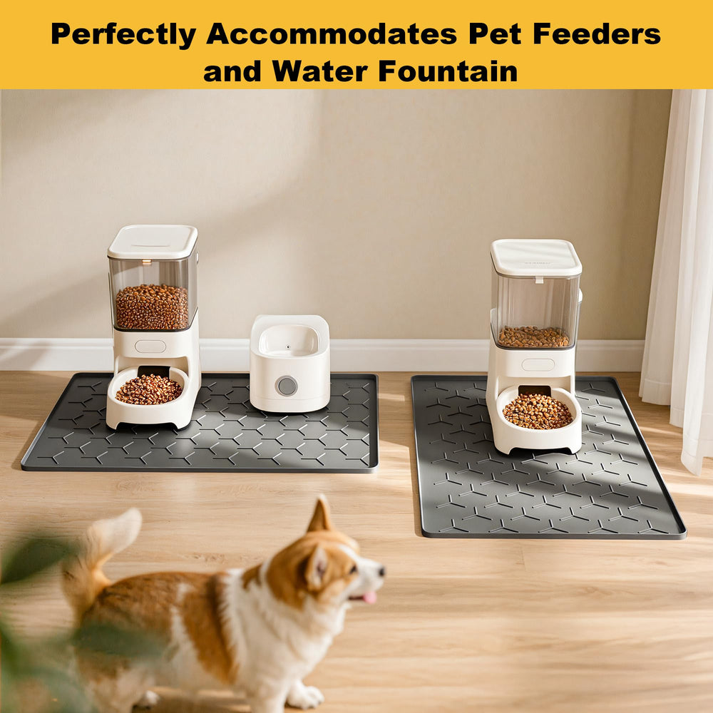 Pieviev dark-gray bowl mat blends with floors while catching spills.