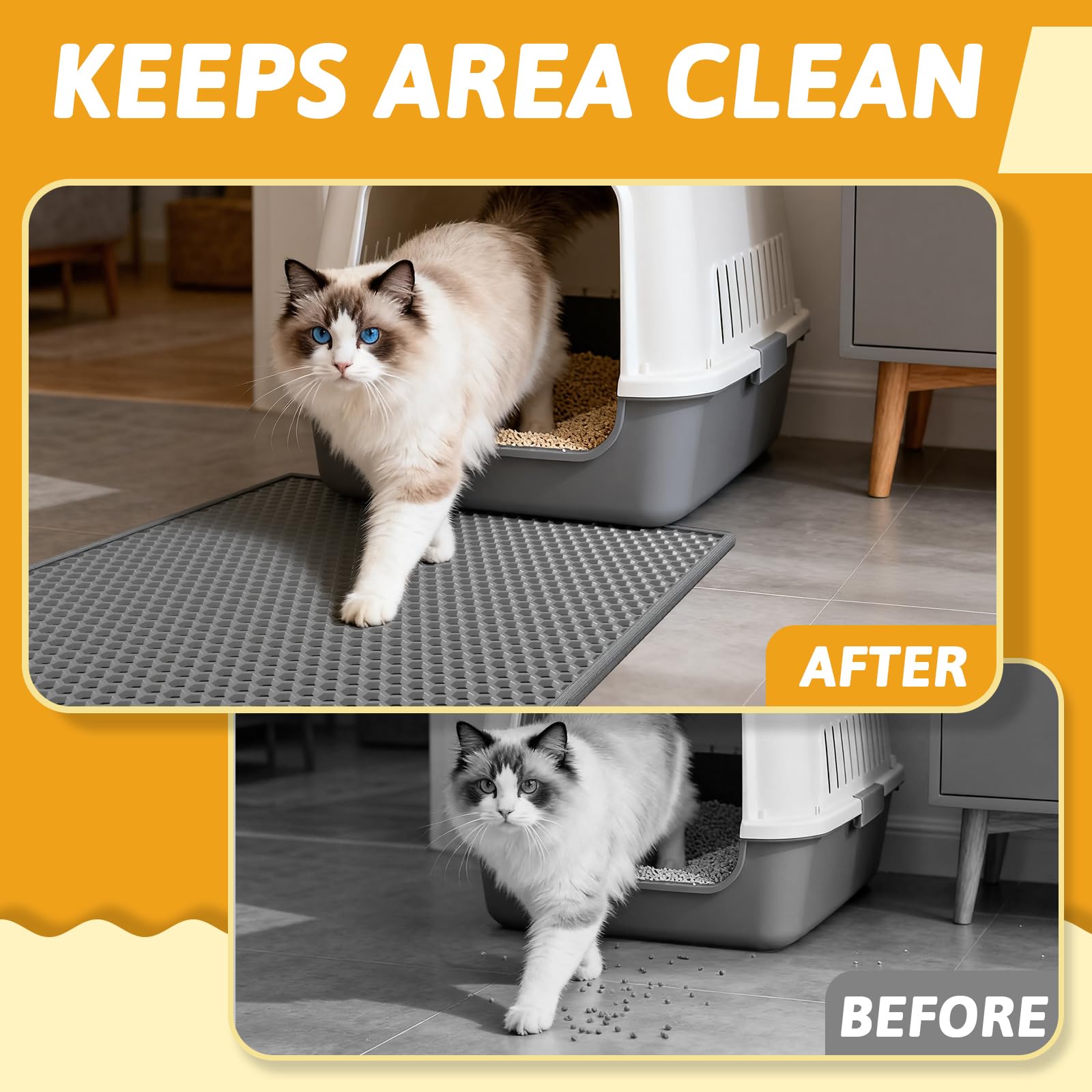 Pieviev 24x15 gray mat fits most litter boxes and space.