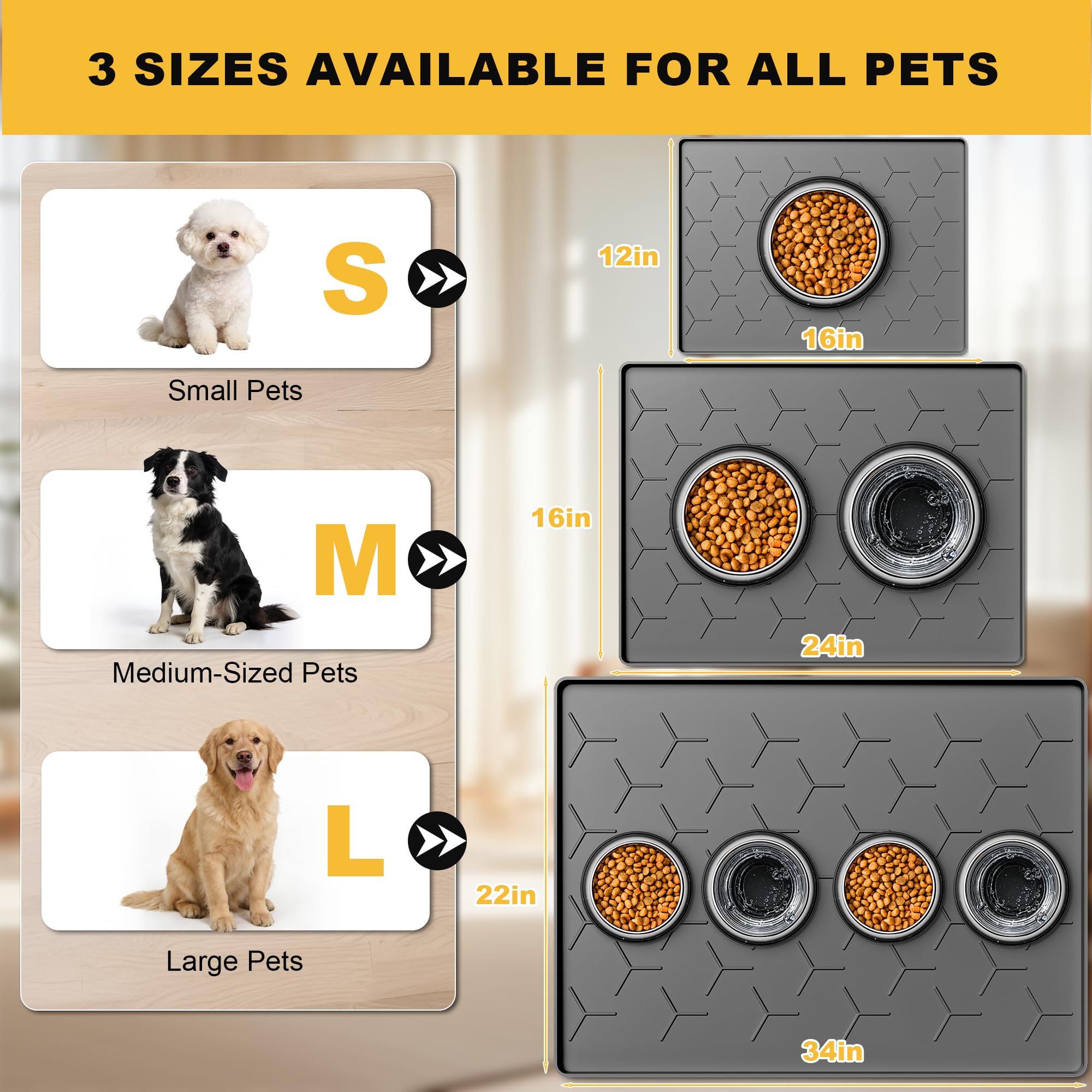 Pieviev fit-all-bowls mat works with elevated feeders and dispensers.