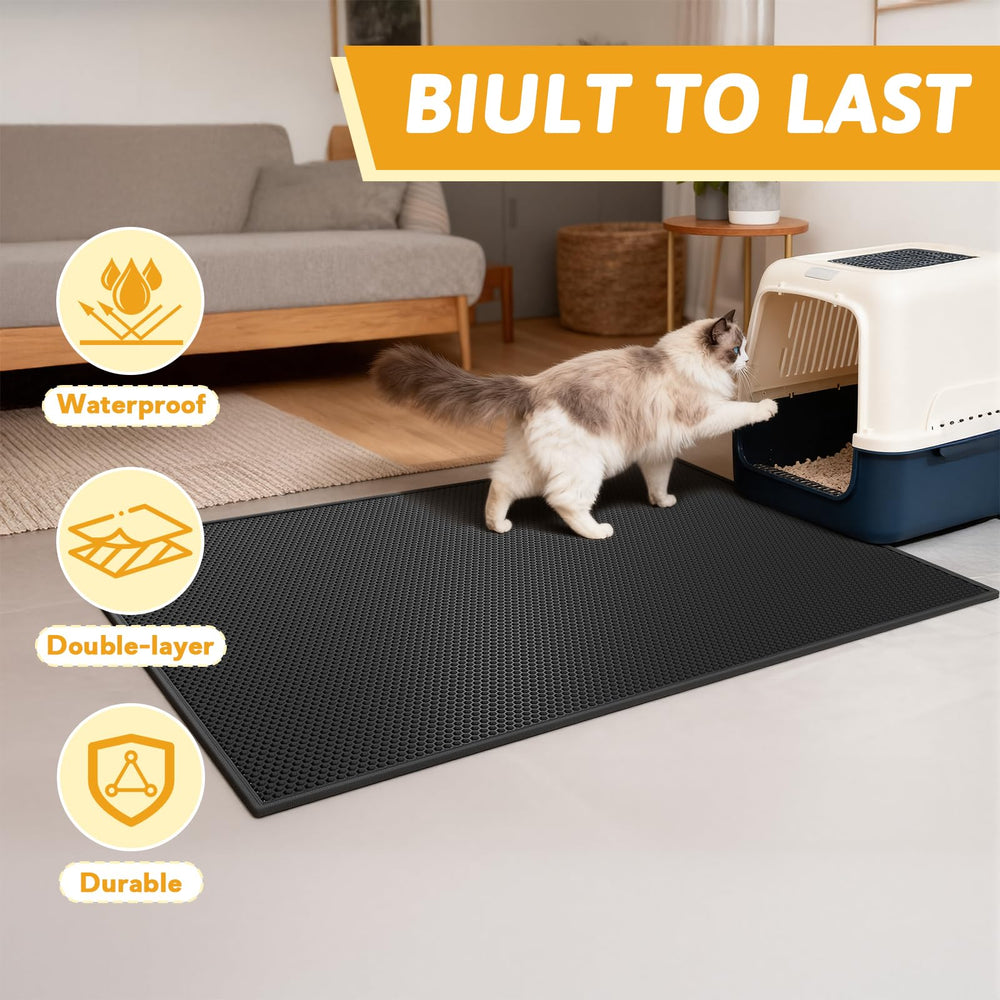 Pieviev mat under litter box for floor protection and spill control.
