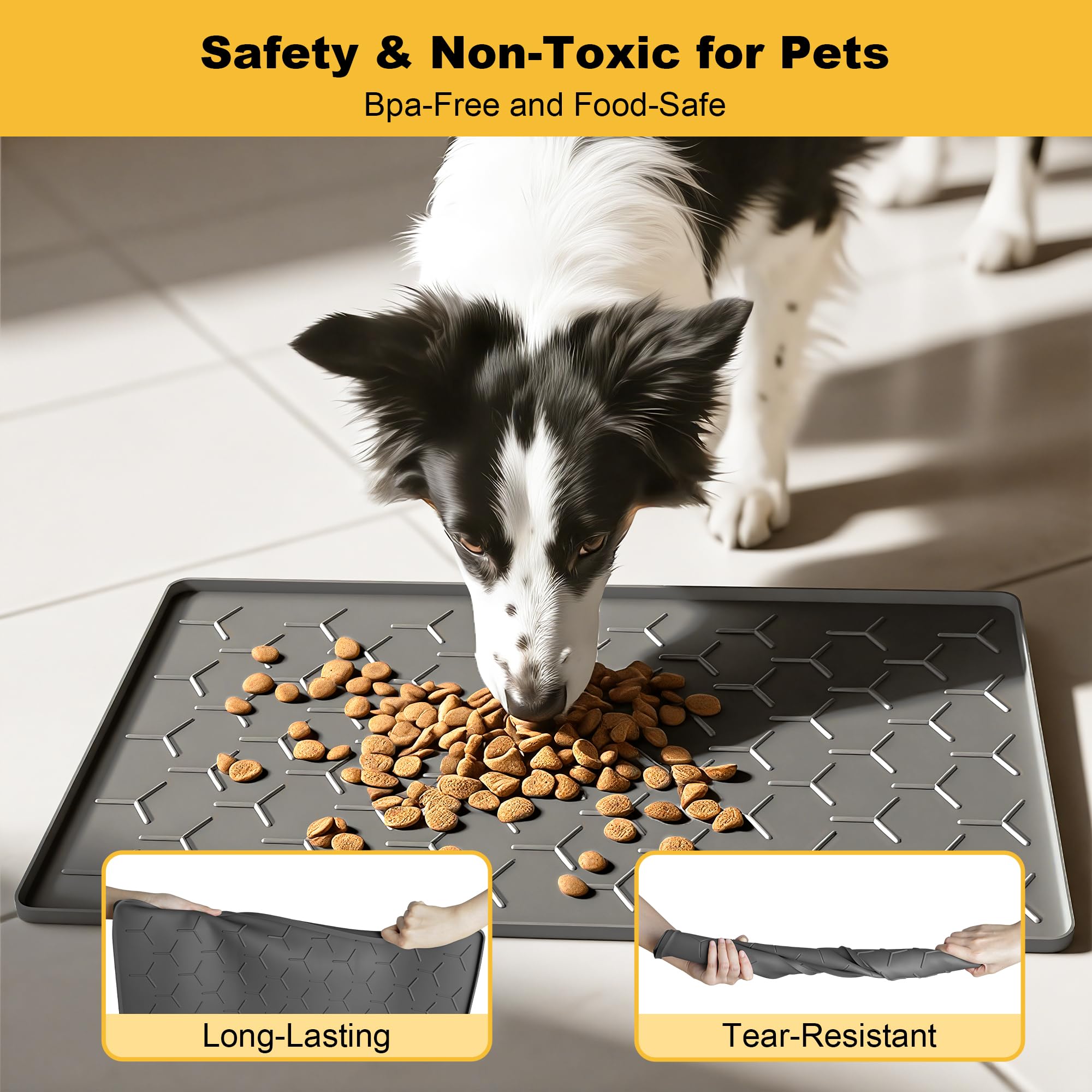 Pieviev non-slip pet feeding mat helps bowls stay in place.