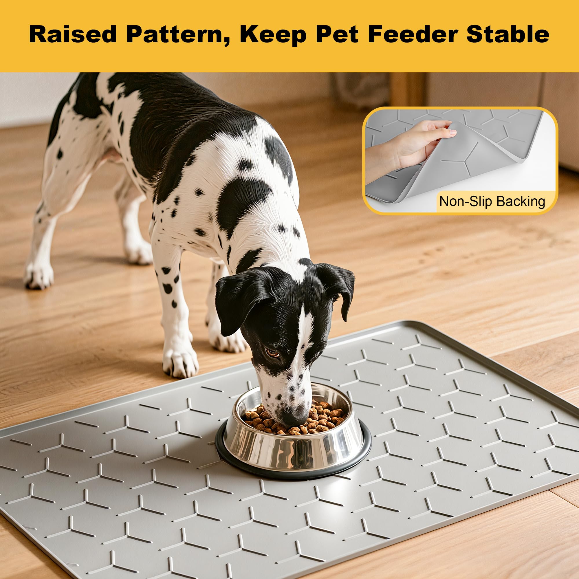 Pieviev floor-protecting mat supports active pets during meals