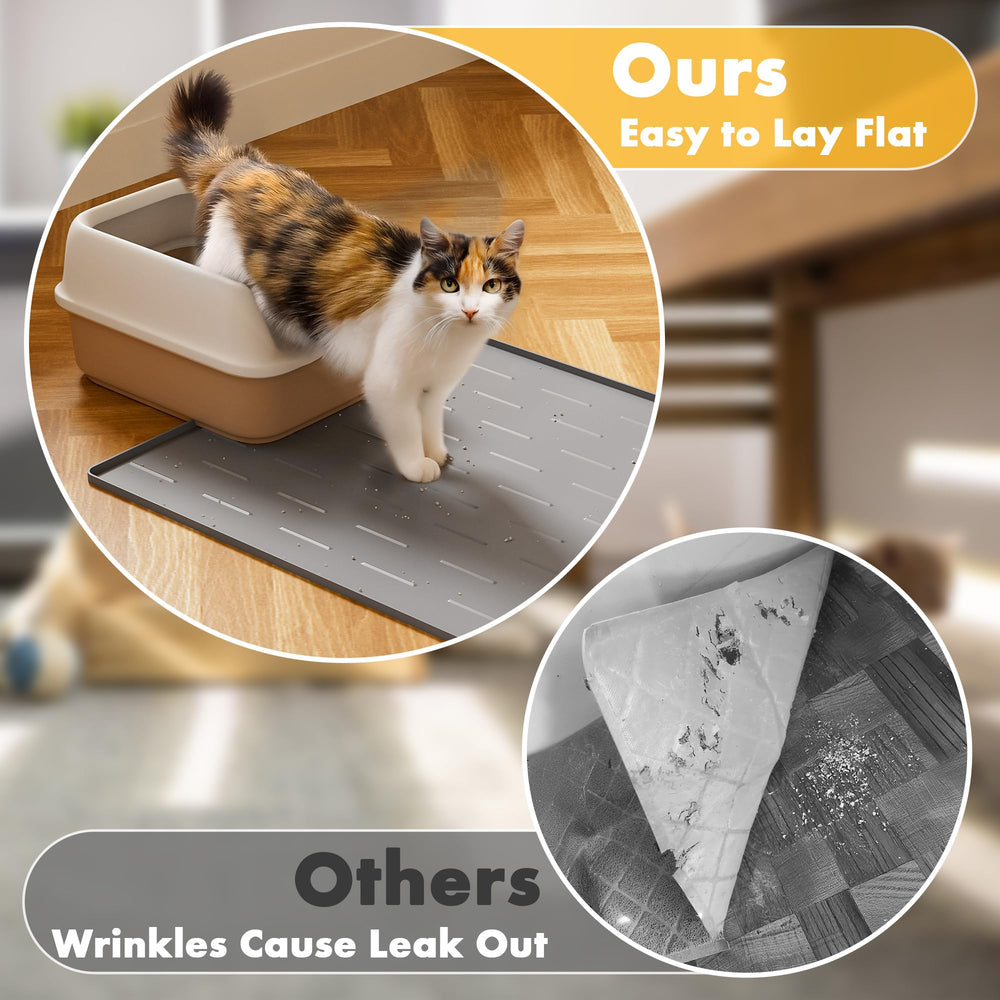 Pieviev silicone litter mat under litter box showcases mess containment.
