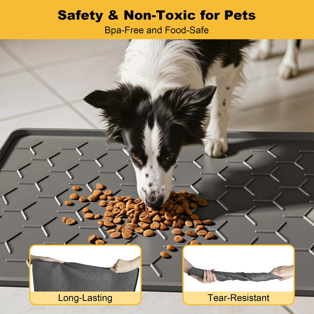 Pieviev waterproof dog-cat mat keeps messes contained during meals.