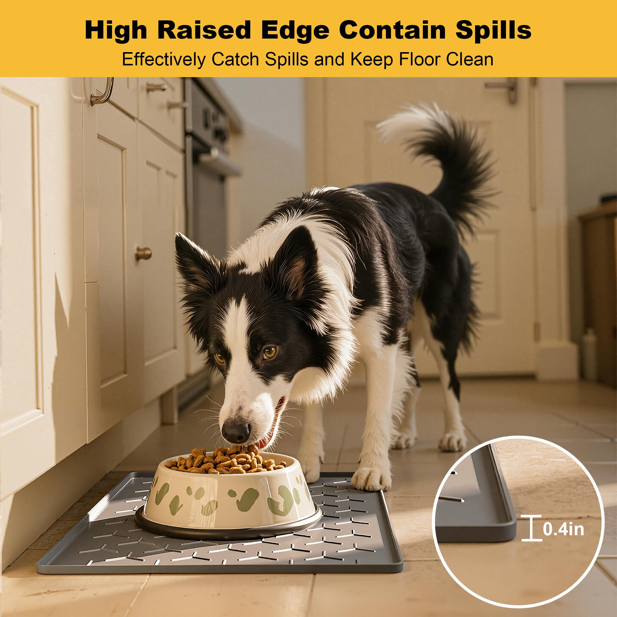 Pieviev waterproof silicone mat for pets keeps floors dry during feeding.