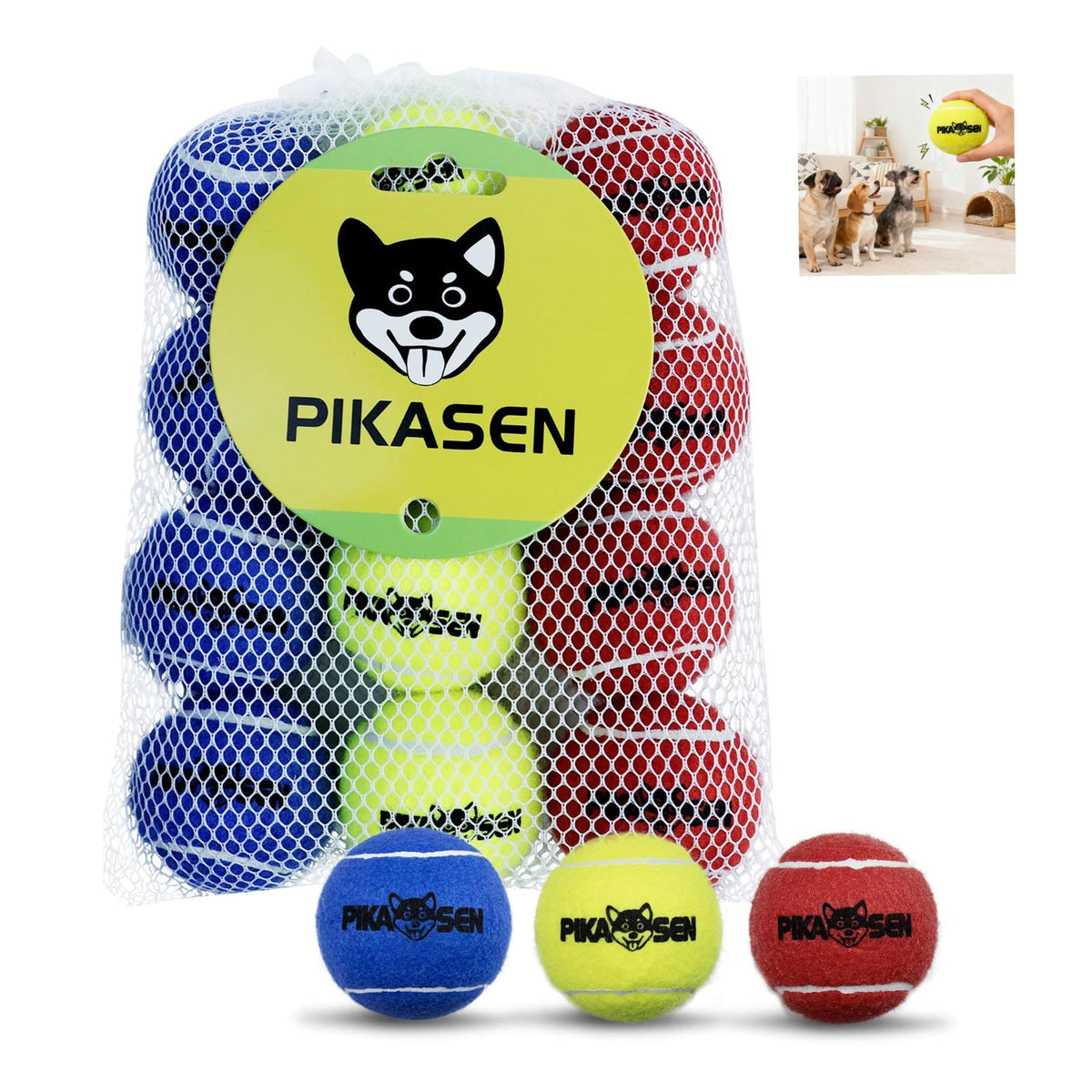 PIKASEN dog squeaky tennis ball with hidden squeaker for interactive play.