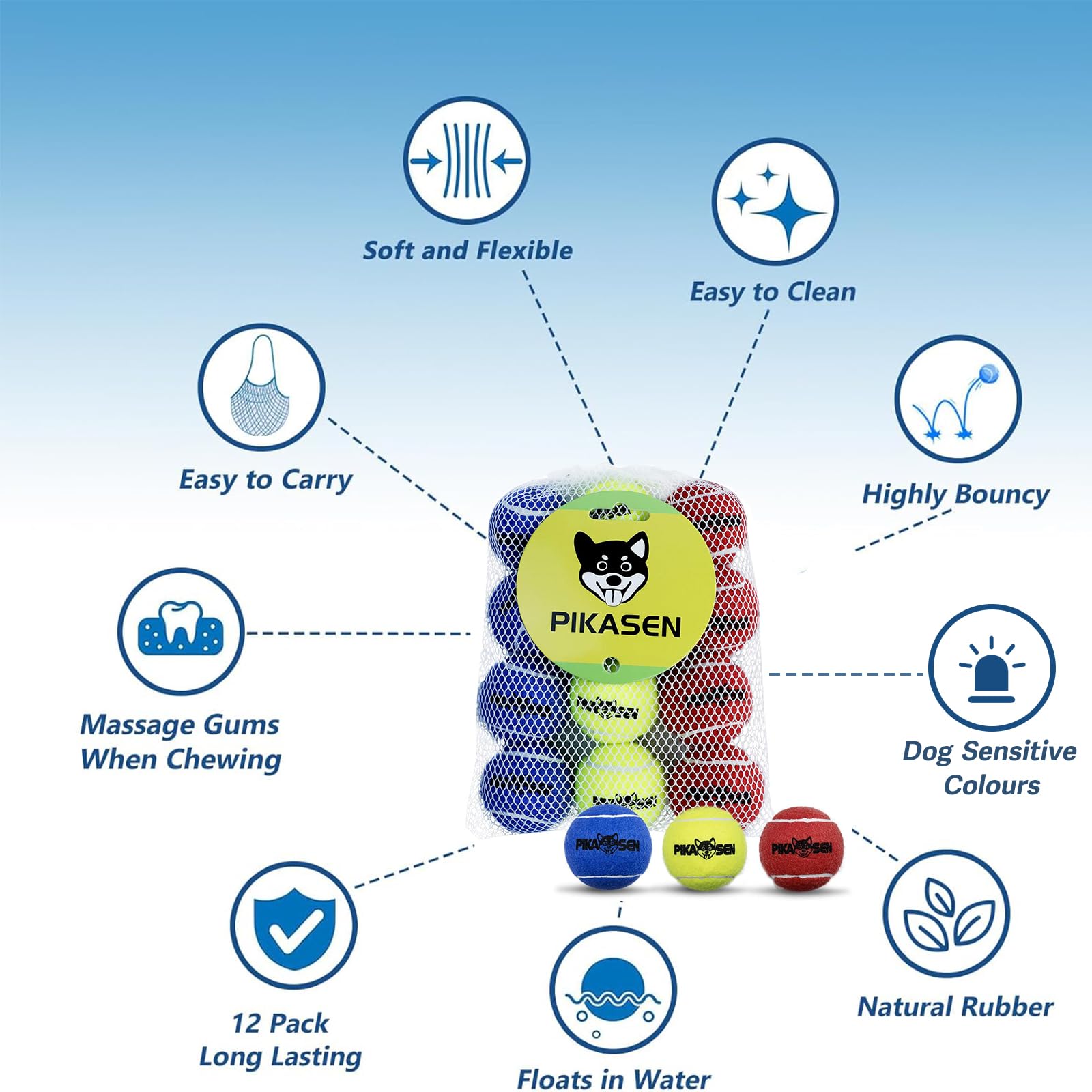 PIKASEN three-size tennis balls suitable for small to large dogs.