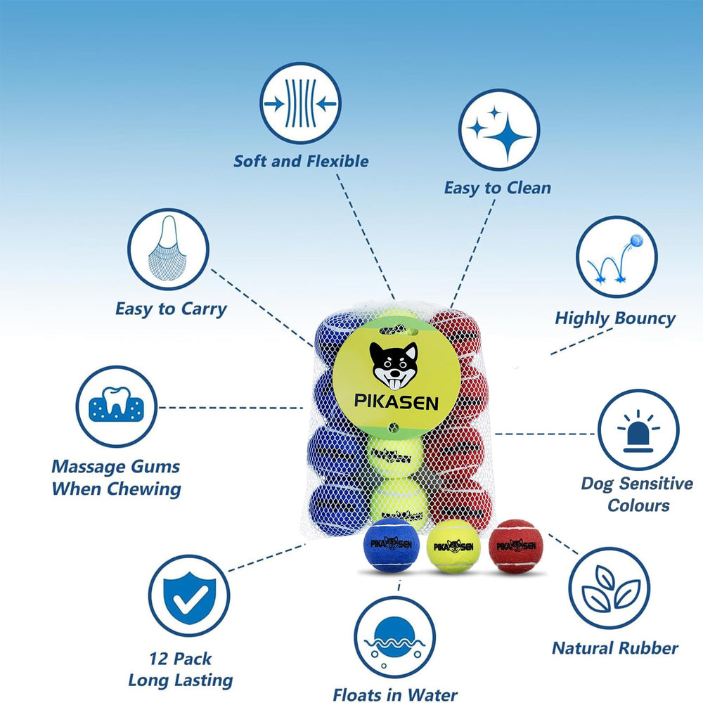 PIKASEN three-size tennis balls suitable for small to large dogs.
