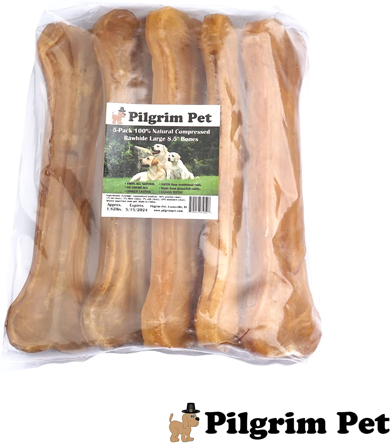 Pilgrim Pet large 5-pack dog bones offering long-lasting rewards.