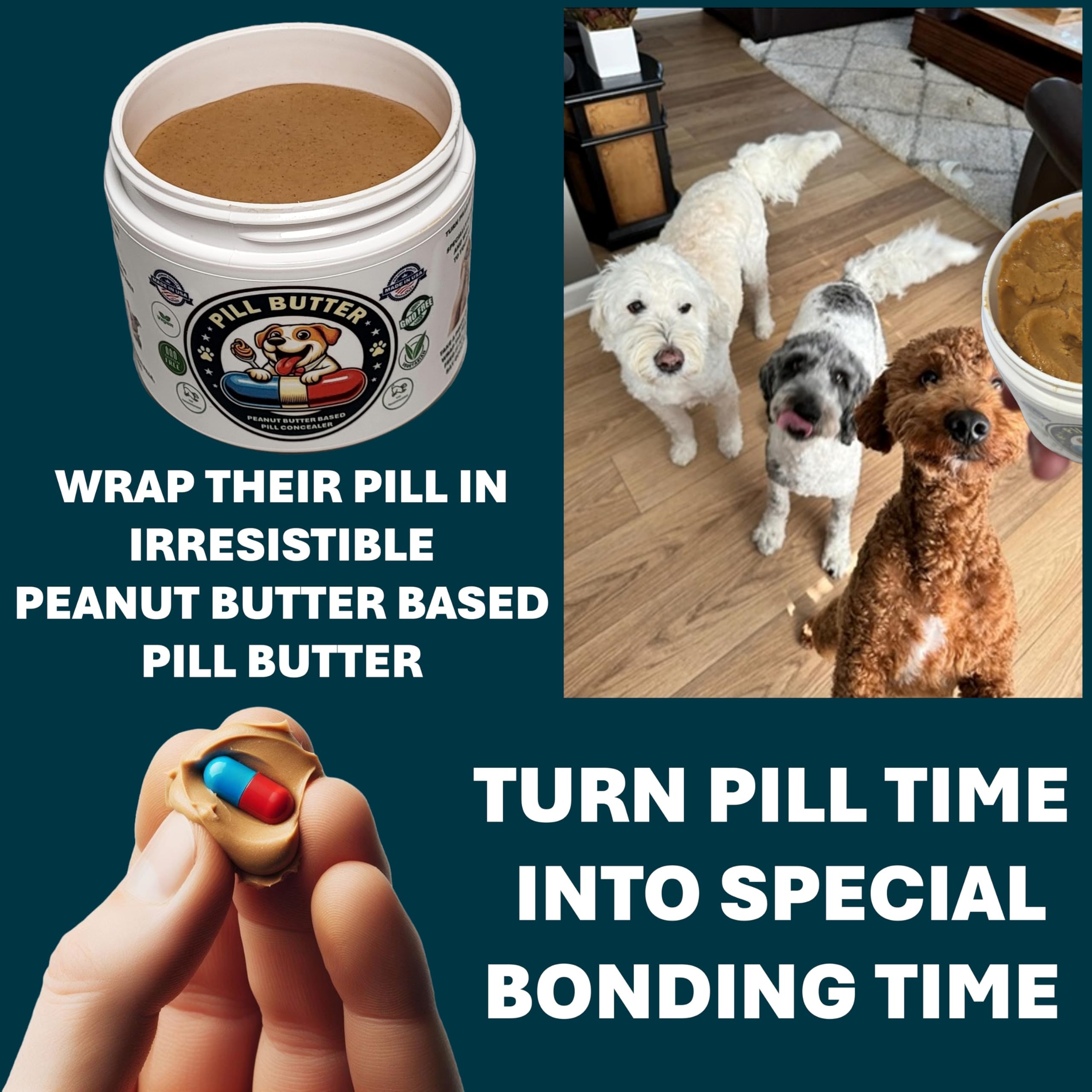 Pill Butter dog enjoying the pill-time treat with wrapped medication.