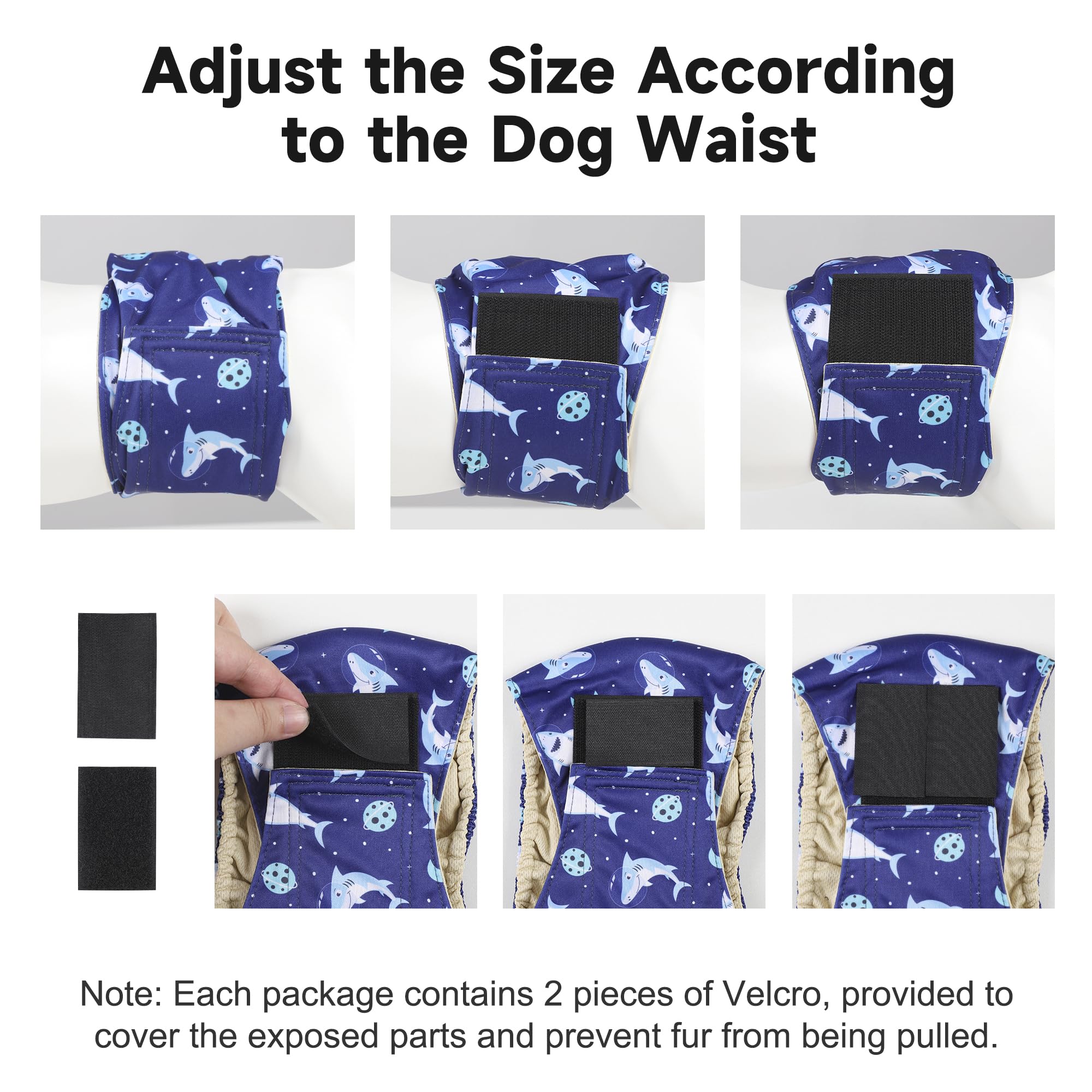 Pilviset Dino L belly band on dog demonstrates secure adjustable fit.