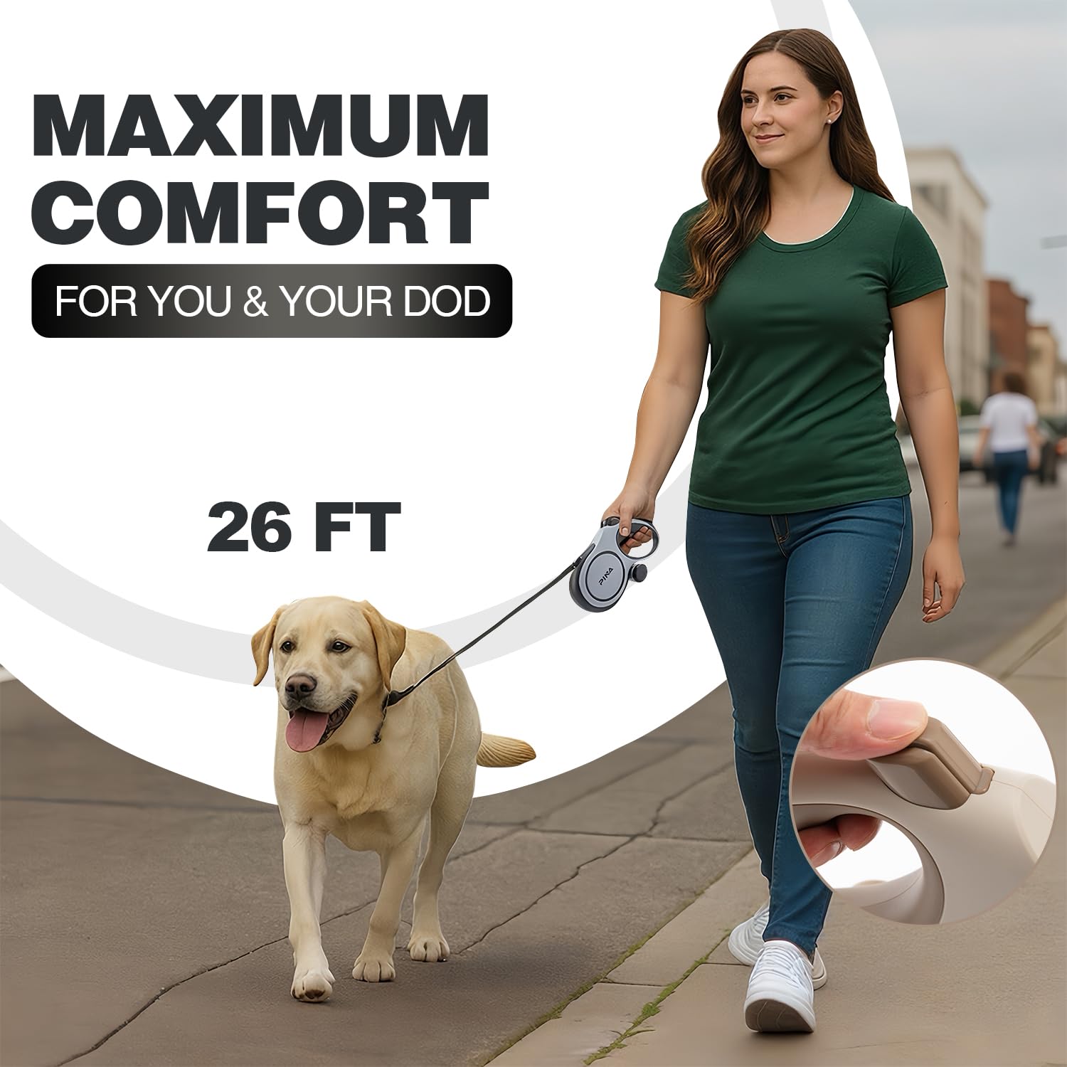Pina Upgraded Retractable Leash used during a park walk for controlled roaming
