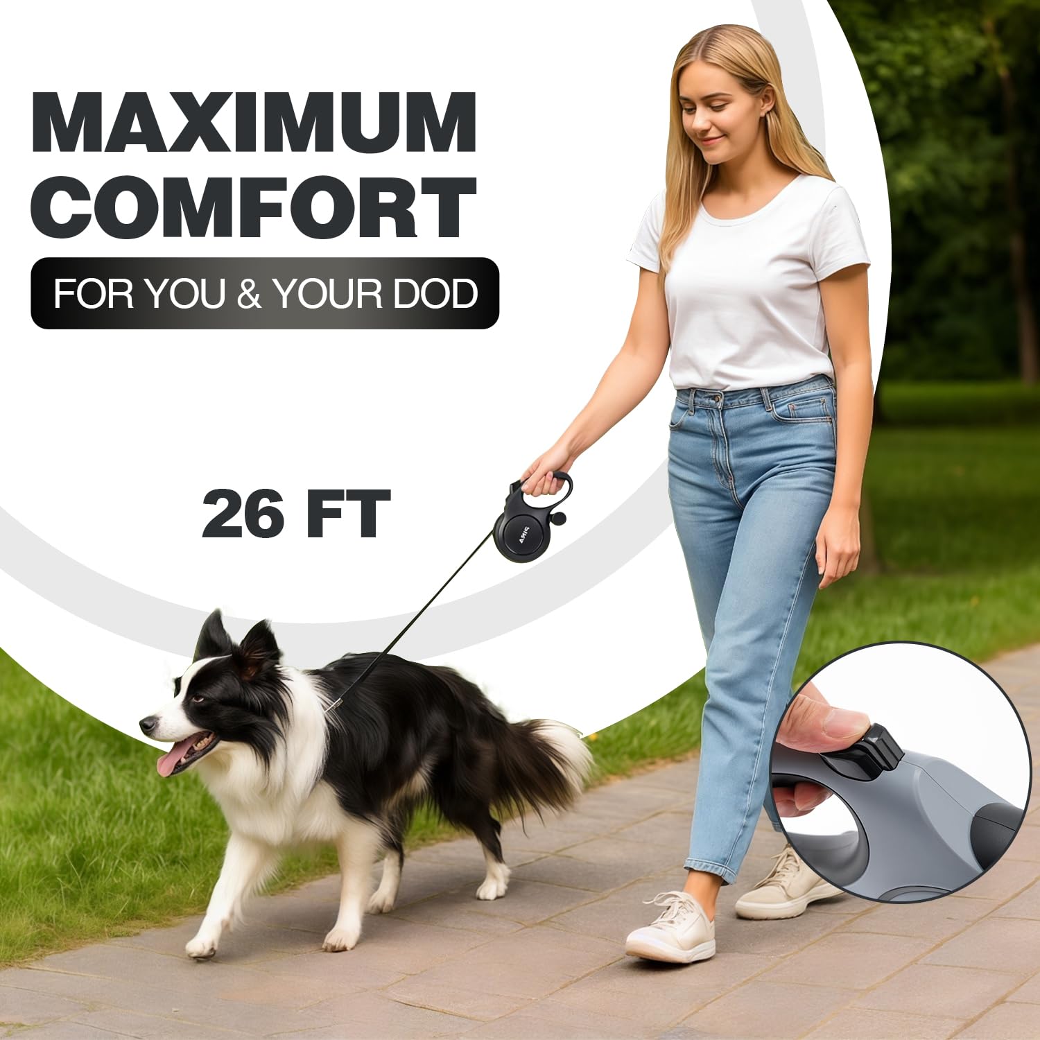 Pina leash with reflective nylon tape for visibility during twilight walks