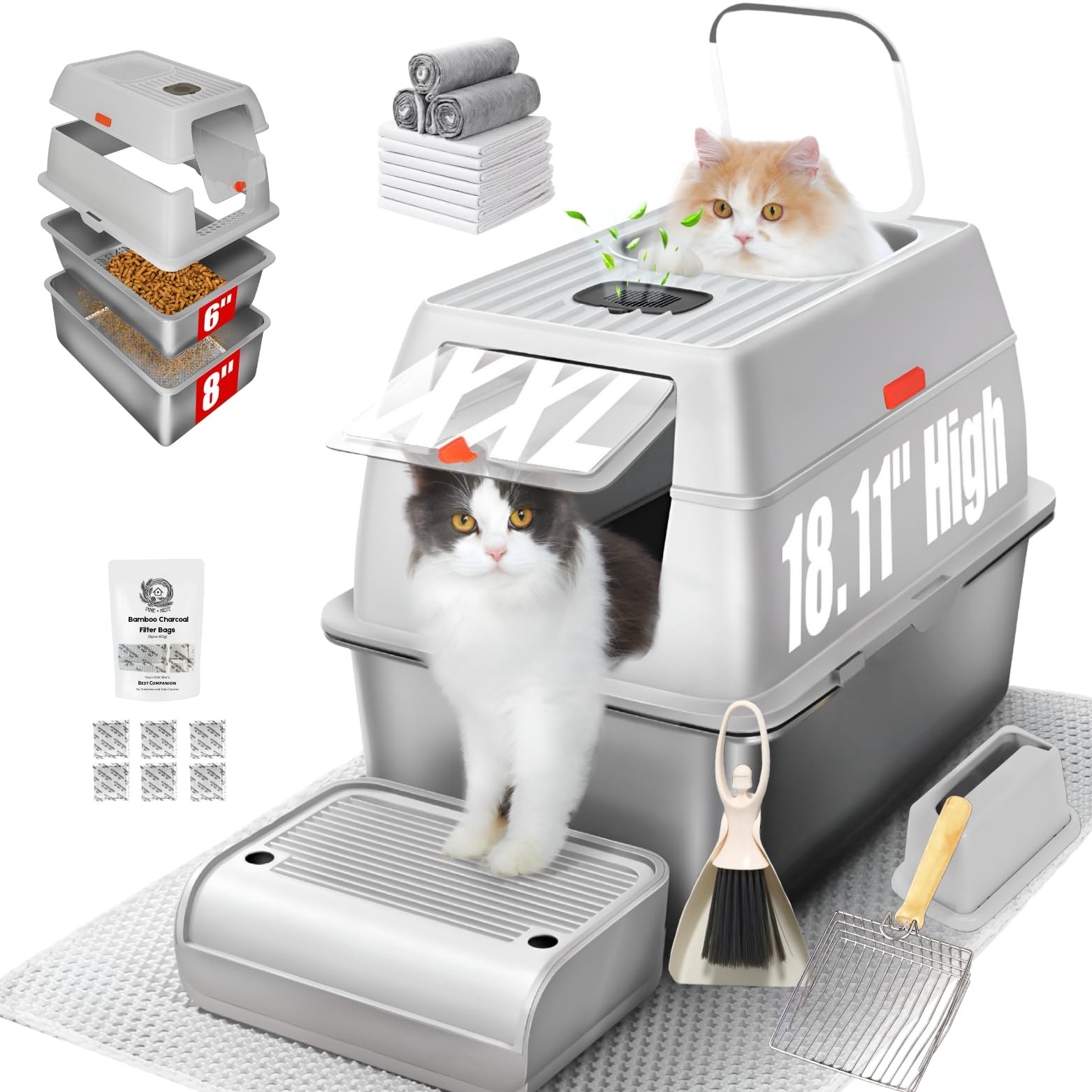 PINENEST XXL stainless steel litter box with lid for tidy containment and odor control