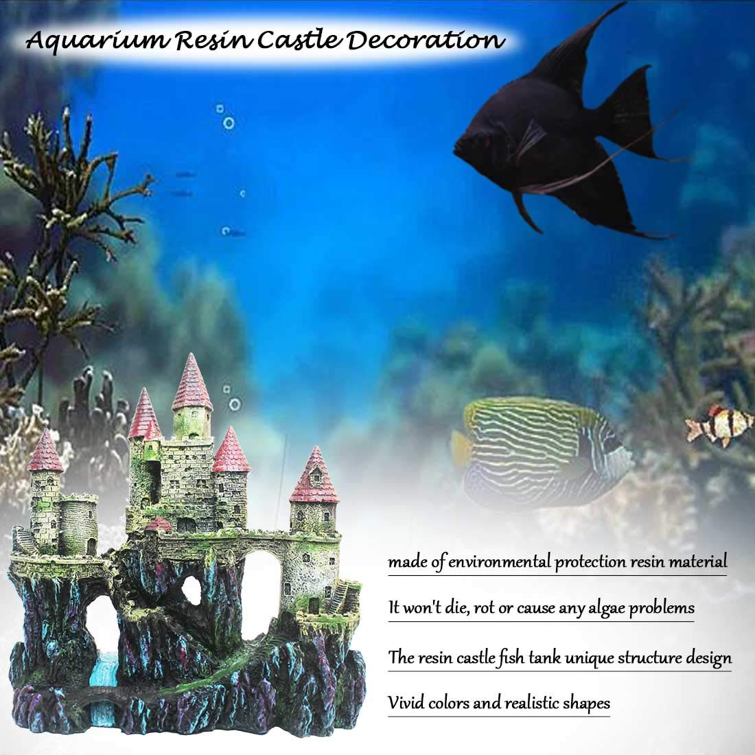 PINVNBY water-safe resin castle decor helps create a calm retreat in aquariums.