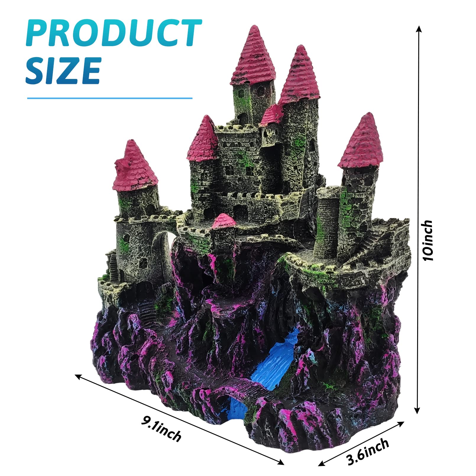 PINVNBY aquarium resin castle close-up shows textured details and vivid underwater appeal.