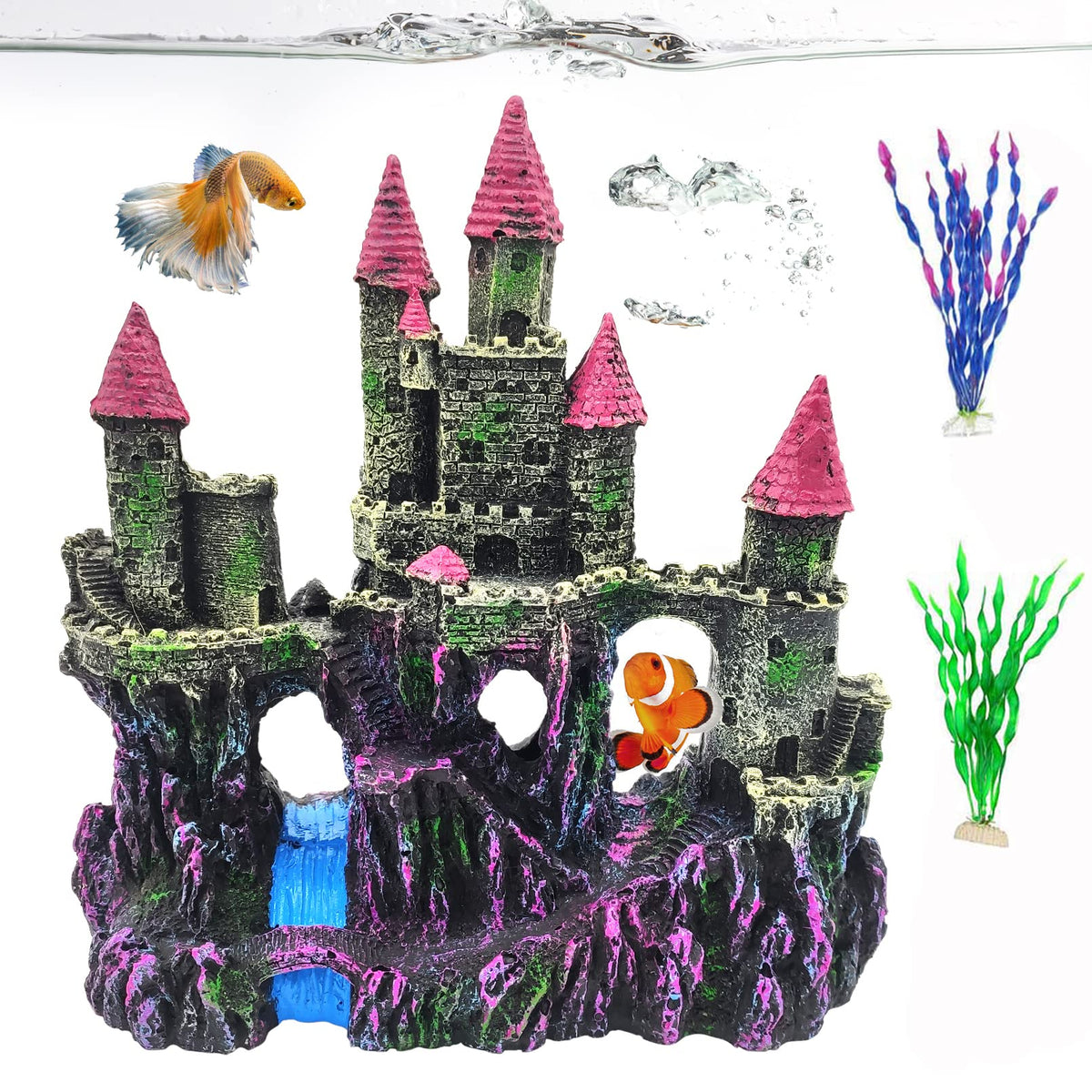 PINVNBY aquarium resin castle front view highlights vibrant color and safe tank decor.