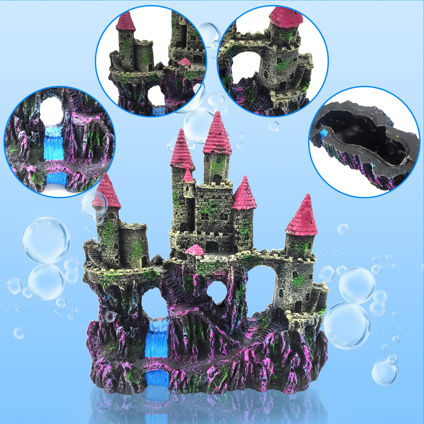 PINVNBY aquarium resin castle in-water view demonstrates immersive setup for fish habitats.