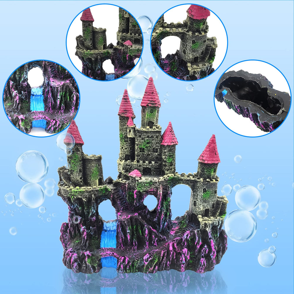 PINVNBY aquarium resin castle in-water view demonstrates immersive setup for fish habitats.