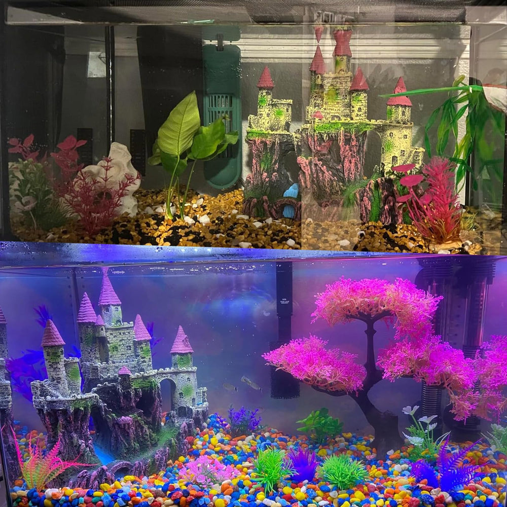 PINVNBY aquarium resin castle side view reveals sturdy structure for long-lasting tank accents.